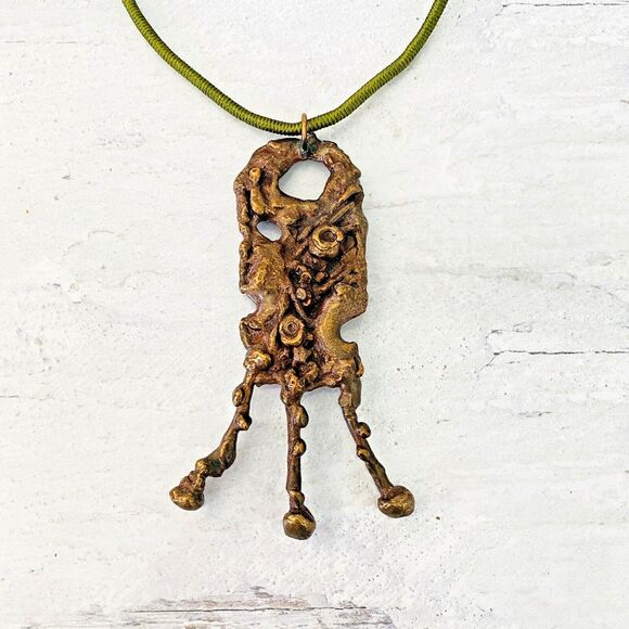 Vintage Massive Size Modernist Brutalist Bronze Copper Brass Pendant Necklace - Picture 2 of 7